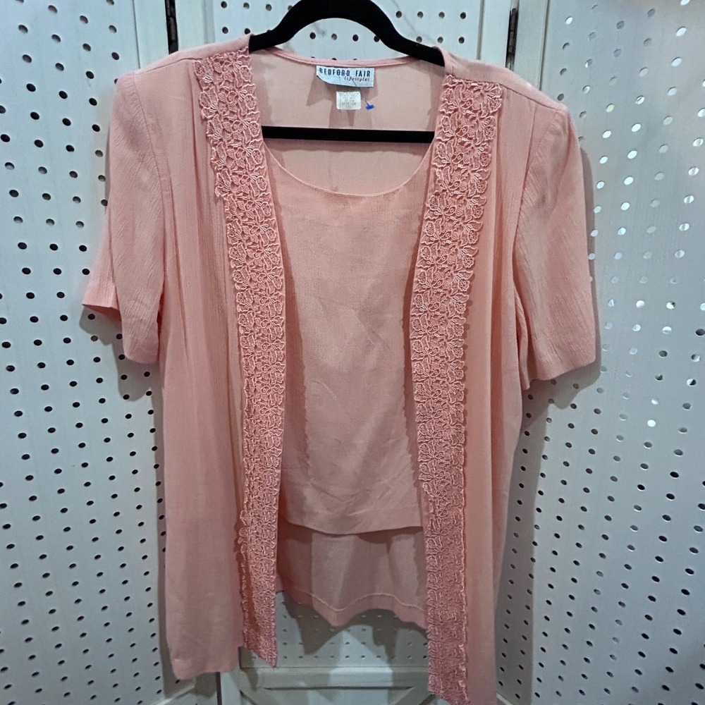 Bedford Fair‎ Pink Lace Trim Cardigan Top Women Size 10